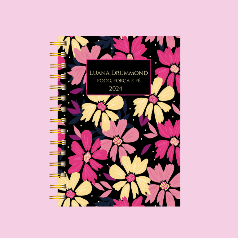 Planner personalizado completo floral preto, rosa e amarelo